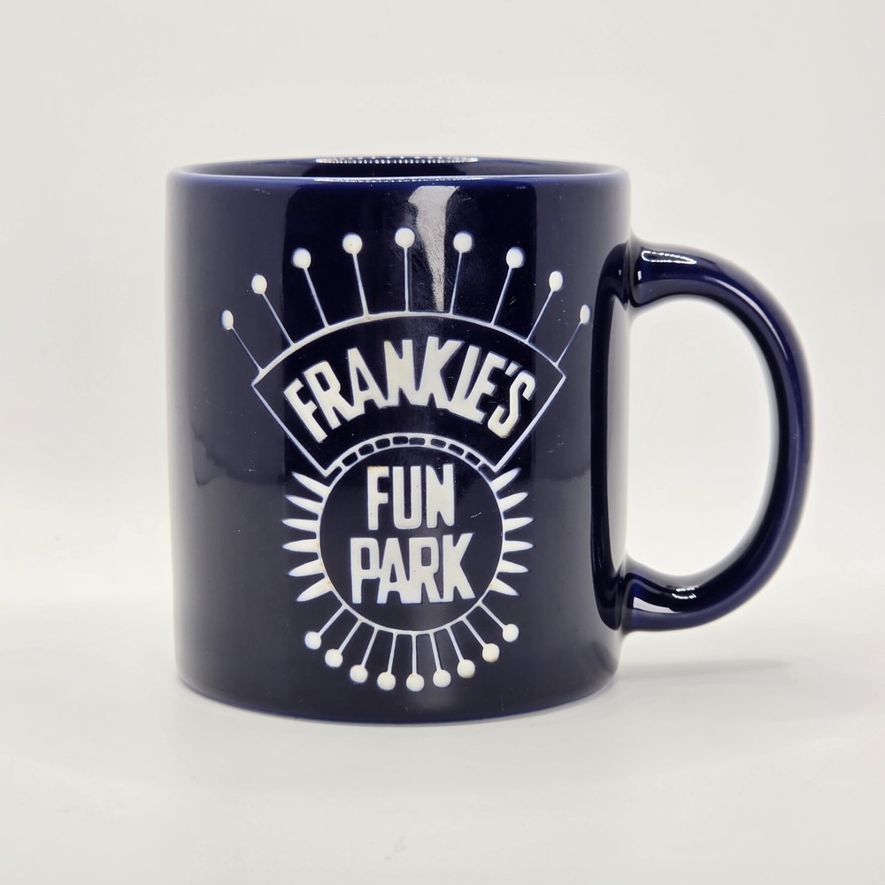 Vintage Frankie's Fun Park Coffee Mug Blue Ceramic Amusement Arcade Souvenir Cup